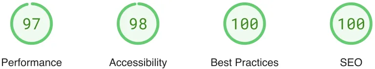 ocillo.com pagespeed insights results. 97 speed. 98 accessibility. 100 best practices. 100 SEO.