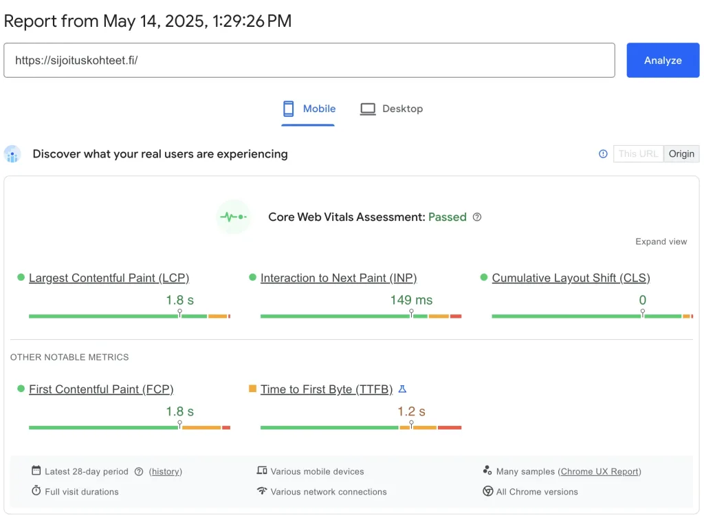 Image from Google's Core Web Vitals test on the sijoituskohteet.fi website. The test has been passed with flying colors.