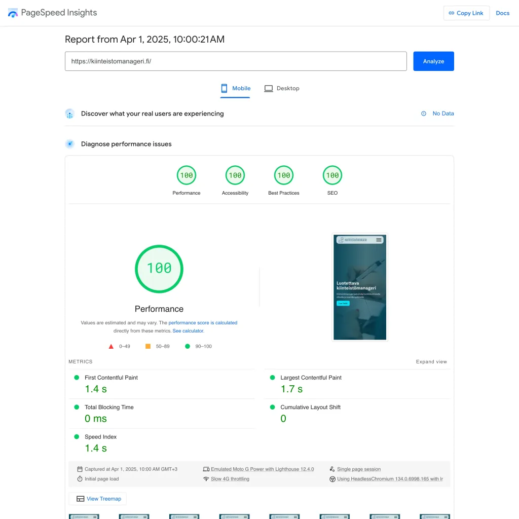 Property manager PageSpeed Insights test results on the revamped website. Scoring on a scale of 0-100. 100 performance. 100 accessibility. 100 best practices. 100 search engine optimization.