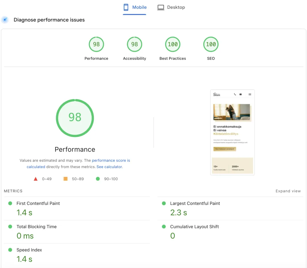 Omakotilkv.fi Google Pagespeed Insights score. 98 speed. 98 accessibility. 100 best practices. 100 search engine optimization.