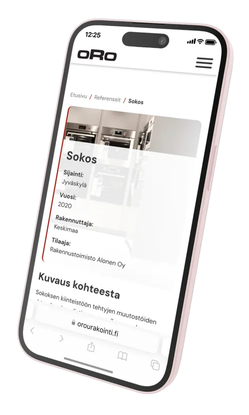 Orourakointi.fi references page on the screen of the iPhone device. Information about the renovation of Sokos on the page of the picture page.